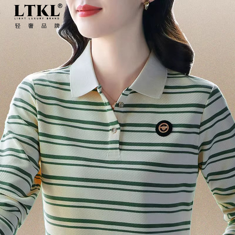 长袖t恤女春秋2025新款时尚妈妈条纹polo衫大码宽松气质上衣翻领
