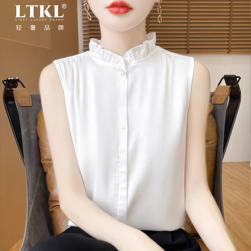 轻奢缎面无袖木耳边打底衬衣女26