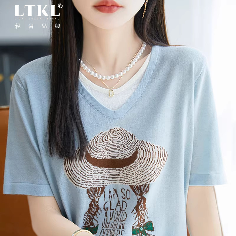 V领假两件帽子提花短袖t恤女夏季2026新款洋气女装冰丝针织打底衫