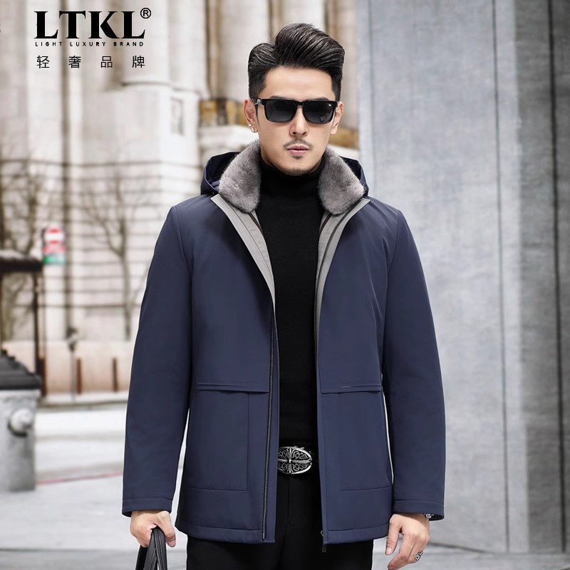 新款派克服男款冬季进口整貂水貂内胆连帽中老年皮毛一体貂皮外套