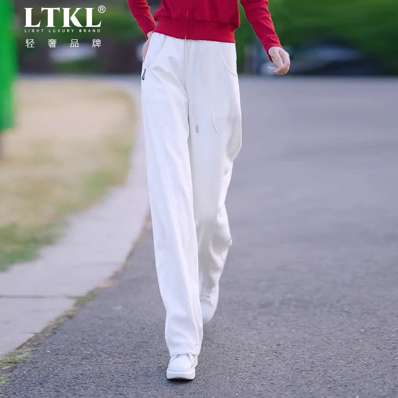 欧货时尚垂坠感休闲运动裤女秋季高腰白色卫裤宽松显瘦直筒阔腿裤