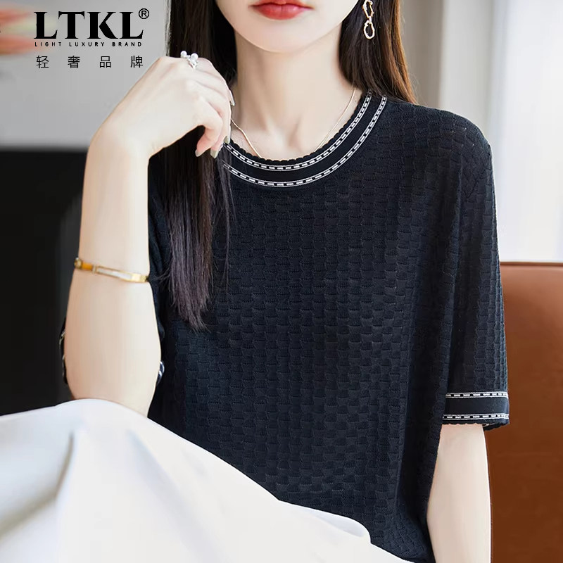 时尚镂空短袖t恤女夏季2026新款打底衫洋气大码女装冰丝针织上衣