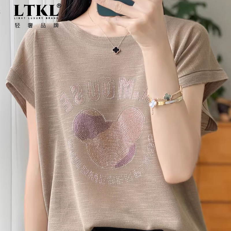 短袖t恤女2026新款烫钻米奇时尚大码女装夏季薄款冰丝针织衫上衣