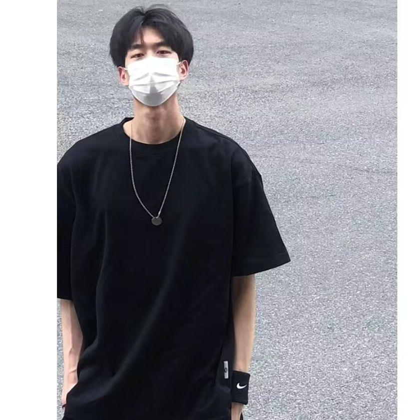 纯黑色夏季外穿男款少年感日系美式复古打底180g短袖运动休闲