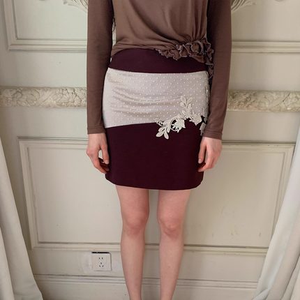 Spoii 复古酒红拼香槟缎面波点手工蕾丝拼贴半身裙