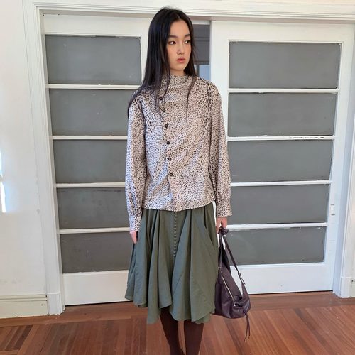 Spoii 豹纹斜门襟垂褶长袖宽松衬衫/墨绿色插片排扣大裙摆A型半裙