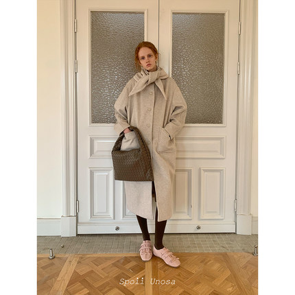 Spoii Unosa燕麦奶咖色手工撞色拱针领结羊毛大衣