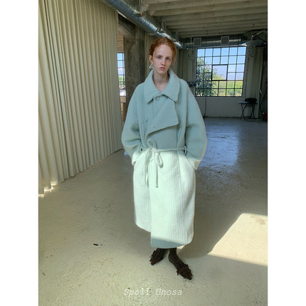 Spoii Unosa牛油果绿慵懒时髦多穿法双排扣70羊毛10马海毛大衣