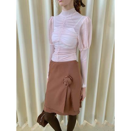 Spoii Unosa棕色玫瑰蕾丝花边双层半裙