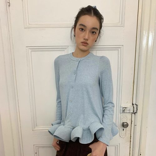 Spoii 海盐蓝针织鱼网骨下摆亨利领套头法式针织衫上衣