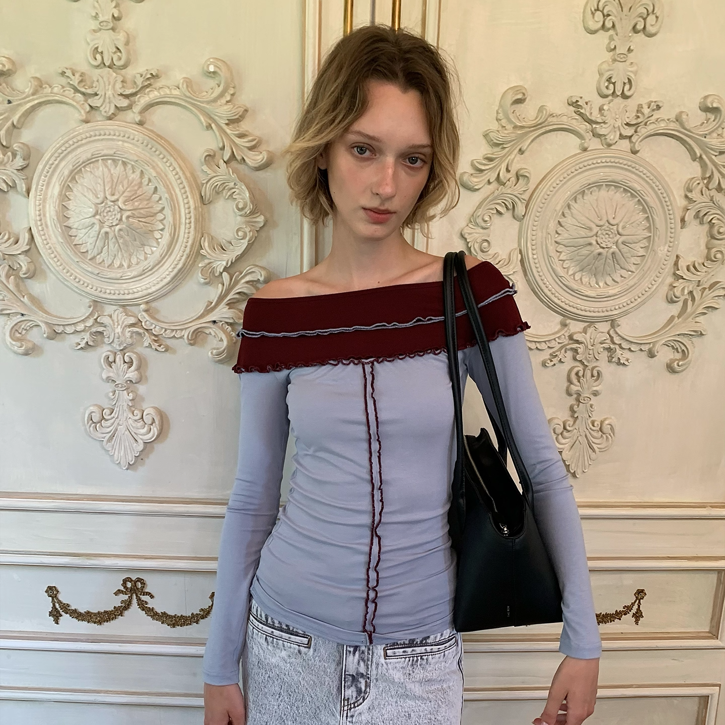 Spoii 蓝红拼接一字领撞色密拷设计修身时髦针织打底衫