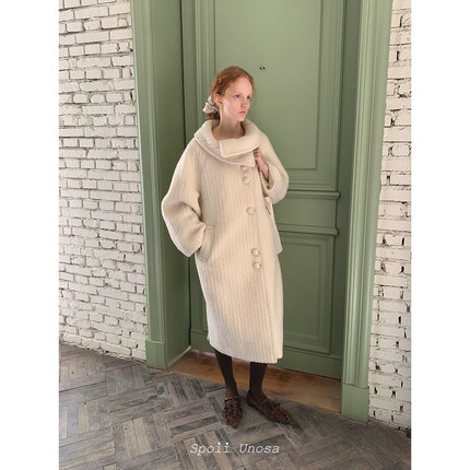 Spoii Unosa奶黄叠领70羊毛10马海毛腰带两穿大衣