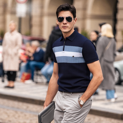 Gulots男士翻领针织条纹短袖