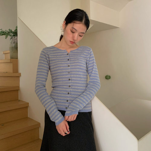 AMOMI撞色条纹绵羊毛针织开衫女士秋冬圆领亲肤韩版慵懒显瘦上衣