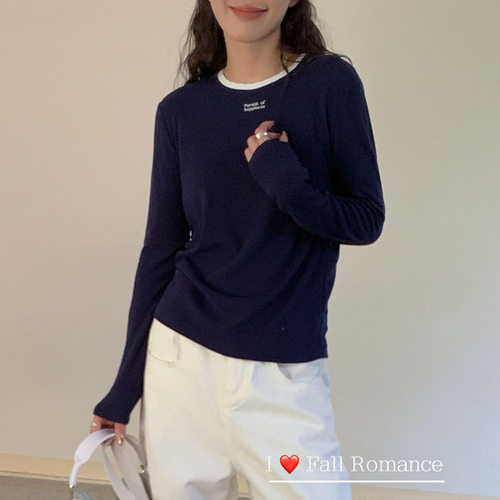 Amomi早秋打底衫女奶盖小白边螺纹字母T恤圆领显瘦长袖上衣