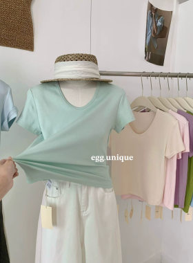 egg.unique极简冰感t女夏季白色慵懒短袖女休闲V领宽松纯色T恤薄