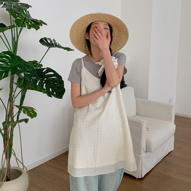 AMOMI夏日浪漫天丝波点吊带连衣裙