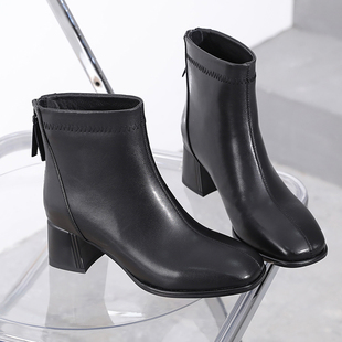 高档马丁靴真皮百搭秋冬短靴2025新款法式方头女靴瘦瘦靴短款靴子