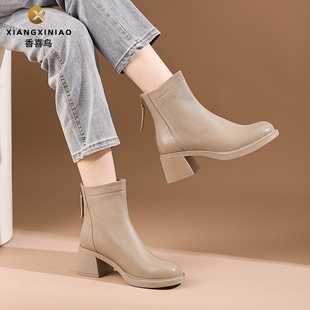 2025秋冬季新款百搭瘦瘦靴圆头中跟短靴英伦风粗跟时尚女靴加绒靴