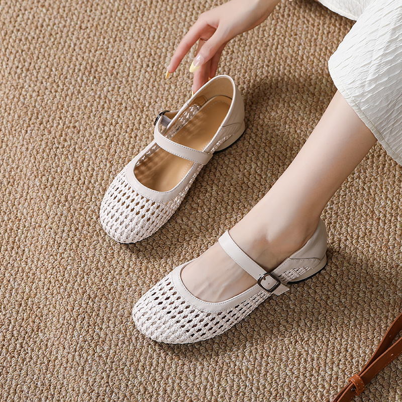 夏季镂空编织包头凉鞋真皮玛丽珍女鞋透气软底不累脚低跟妈妈鞋