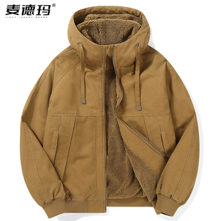 夹克宽松美式 加绒连帽工装 复古加厚羊羔绒棉衣 秋冬季 棉服外套男士