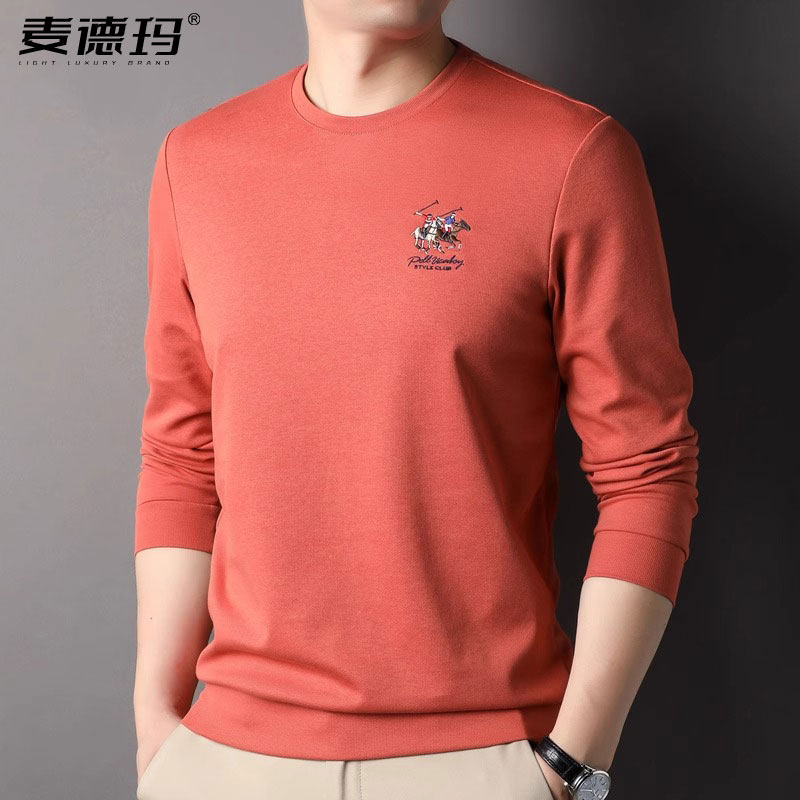 圆领卫衣男秋季新款长袖T恤男纯色透气薄款上衣刺绣休闲POLO衫