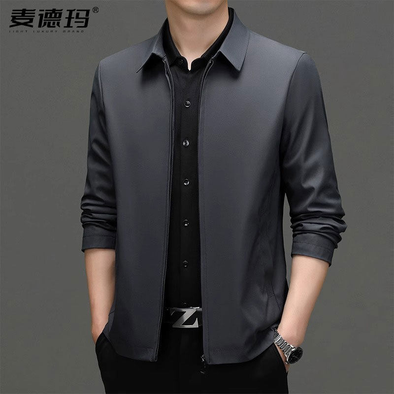 大码春秋季高端外套男士翻领商务休闲上衣秋季男装中年爸爸夹克衣