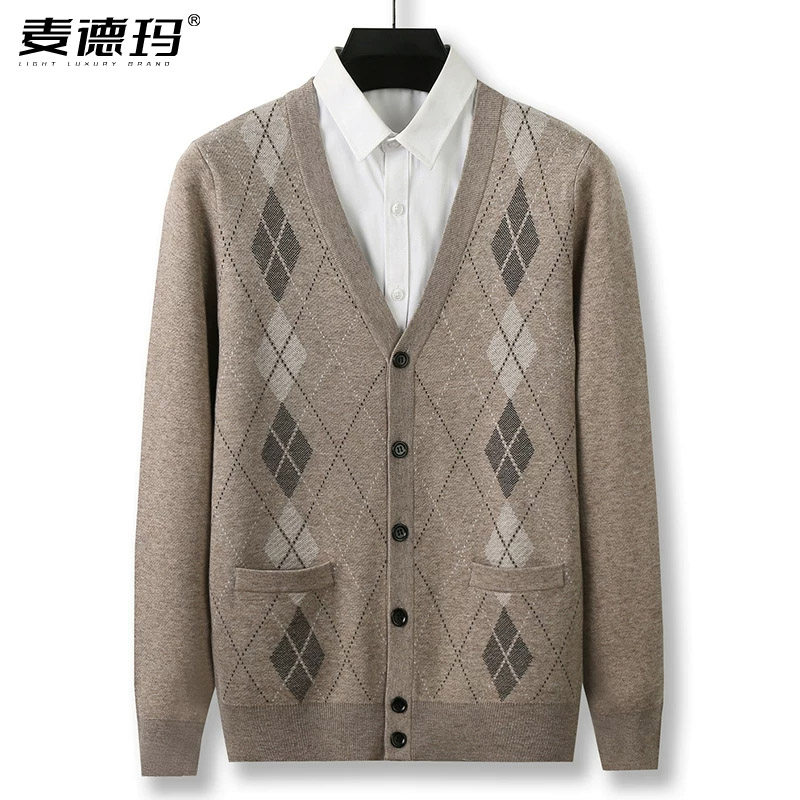 中老年男含羊毛加厚V领针织开衫