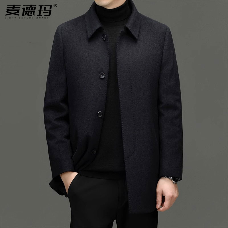 鄂尔多斯市纯山羊绒大衣男春翻领商务行政爸爸加厚鹅绒胆毛呢外套