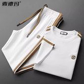 子t恤半袖 舒适亲肤高端男装 拼接织带白色休闲运动套装 裤 夏季 薄款