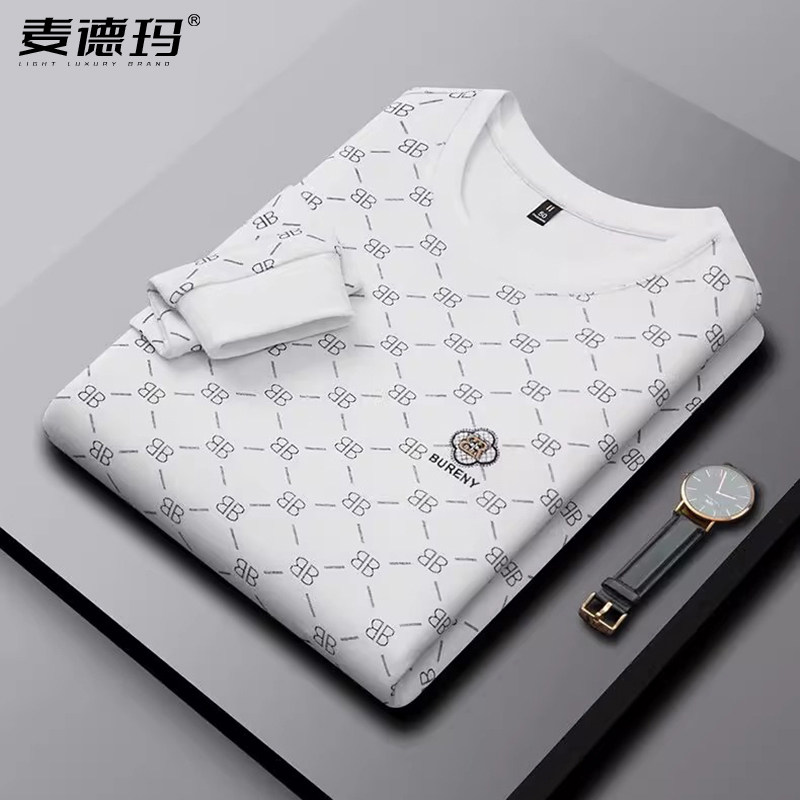 男士2025春秋季新款时尚满幅印花卫衣高级感时尚圆领长袖t恤上衣