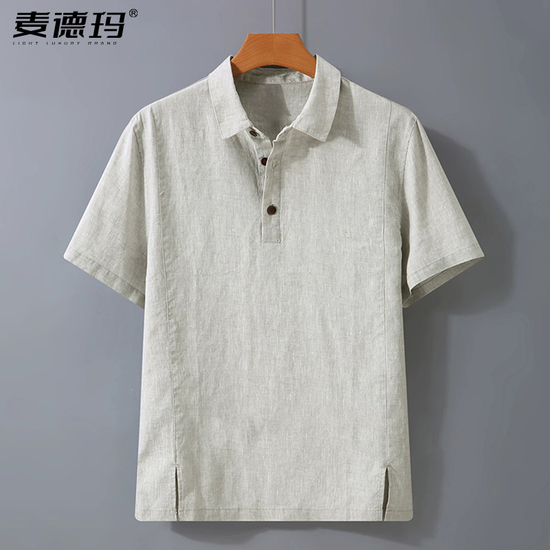 高档纯亚麻翻领短袖T恤宽松休闲Polo衫100%全麻布料百搭体恤衫潮t