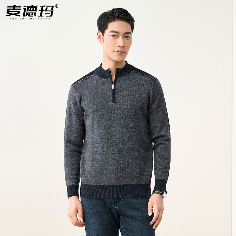 加厚拉链领针织衫中年男士毛衣
