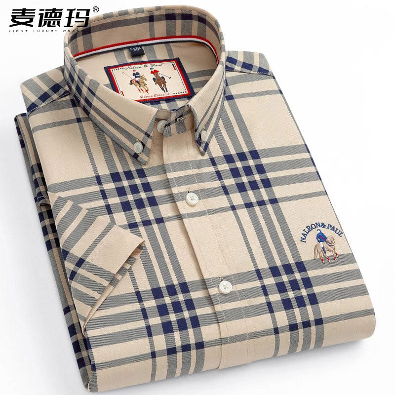 保罗贝拉德短袖格子纹夏季新款衬衫男装休闲免烫抗皱半袖衬衣寸衫