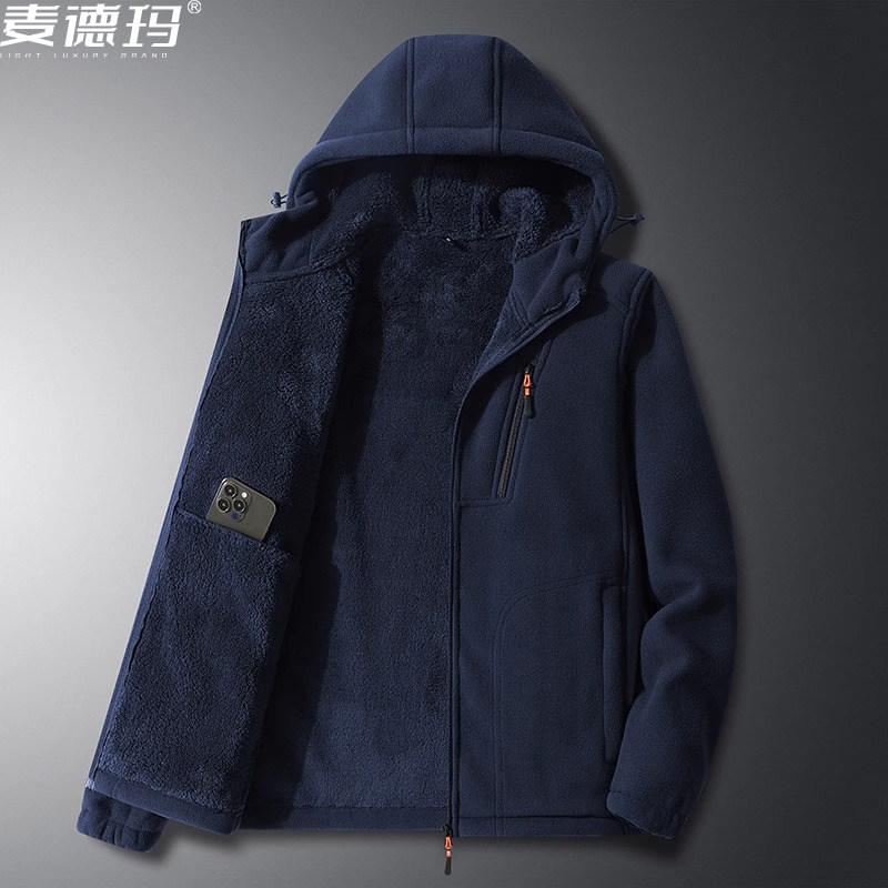 新款中老年外套男士加绒加厚冬季保暖抓绒衣连帽外套男宽松上衣