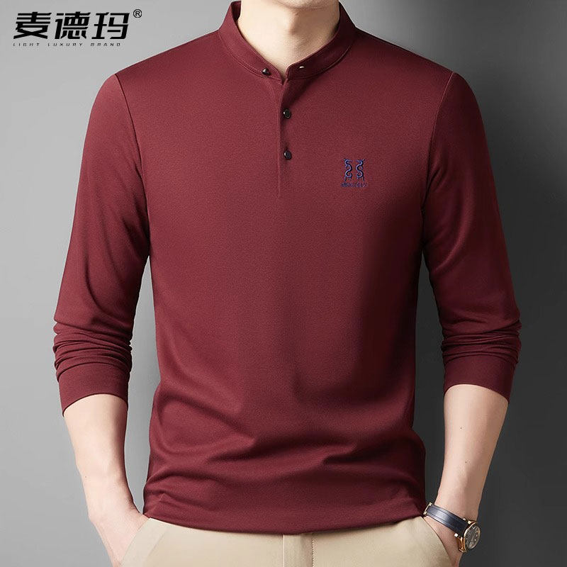 2025春秋新款小立领长袖T恤男酒红打底小衫中年爸爸秋装上衣
