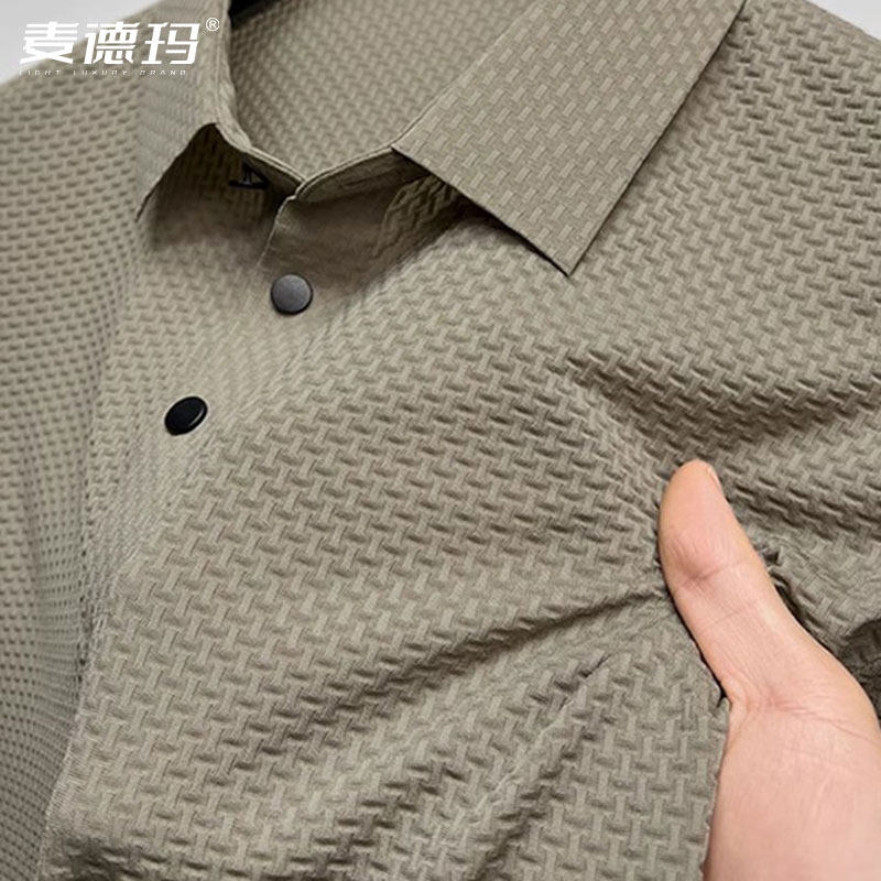 竹节冰丝t恤男短袖衬衫领夏季中年黑色polo衫男装半袖翻领高端薄