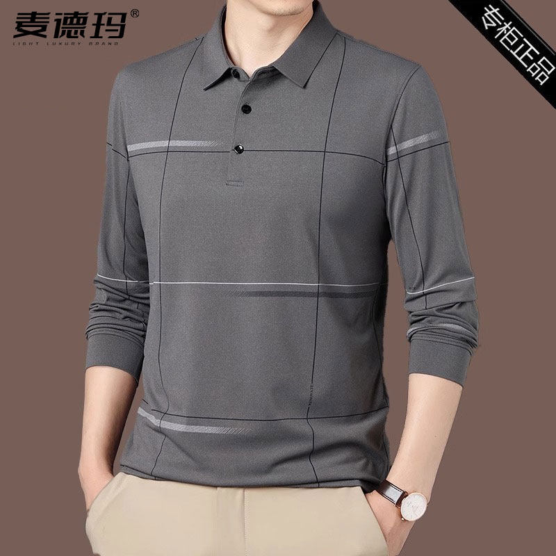 高档2025新款长袖t恤男中年翻领休闲POLO衫丝光棉宽松爸爸装T