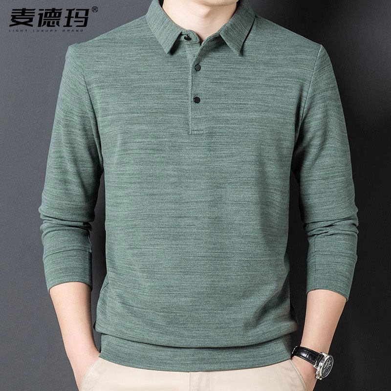 新款双面德绒长袖T恤男翻领Polo打底衫磨毛体恤中年爸爸秋装上衣