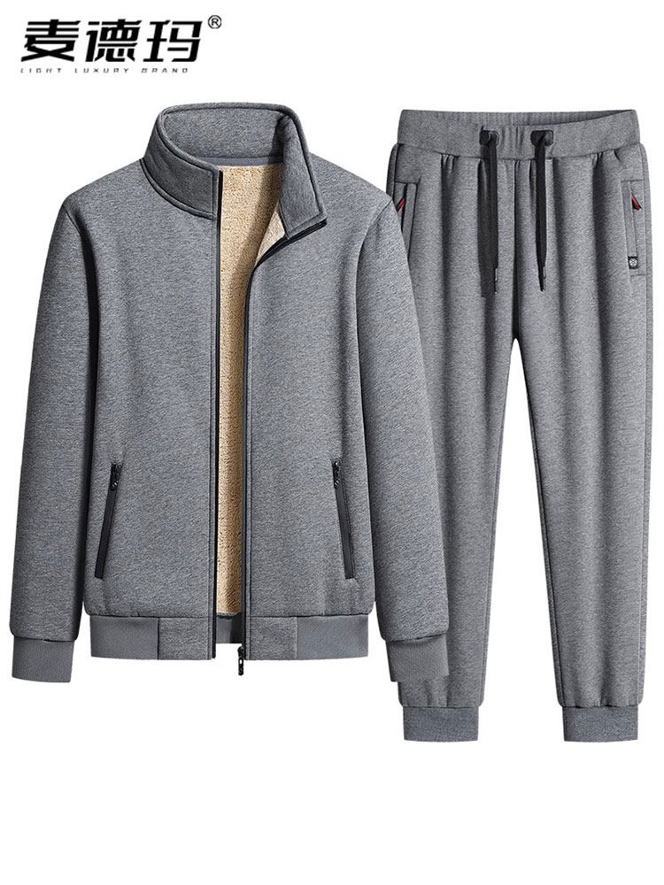 高端摇粒绒卫衣男连帽冬季加厚加绒绒保暖运动套装中年休闲运动服