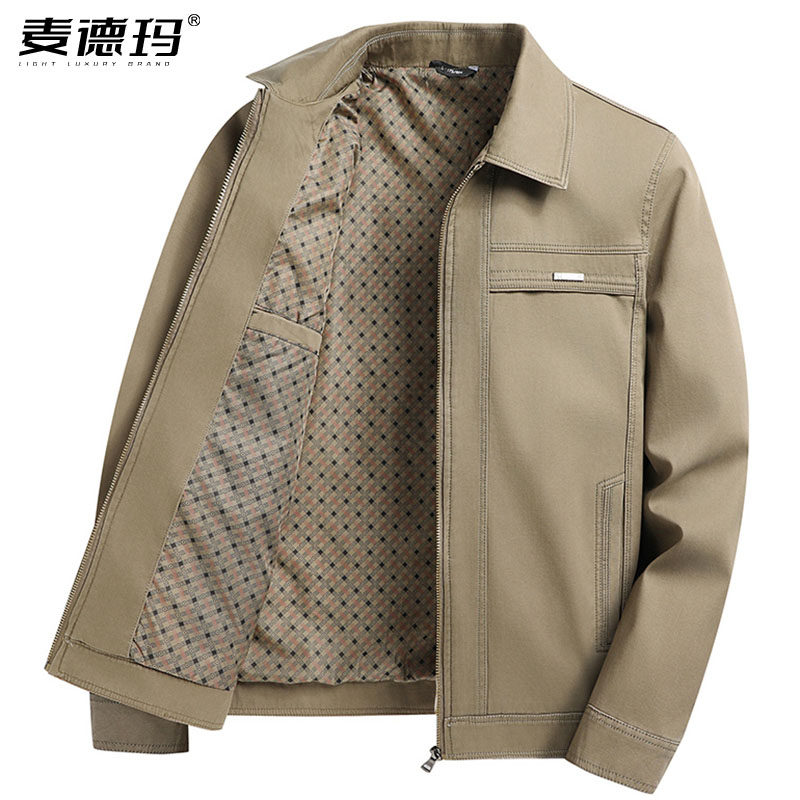 宽松纯棉外套男春秋款2025新款中年爸爸春装夹克翻领行政干部上衣