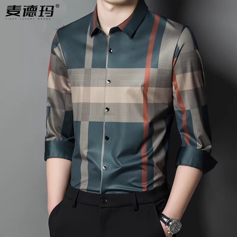 高端休闲条纹无缝格子高级感衬衣