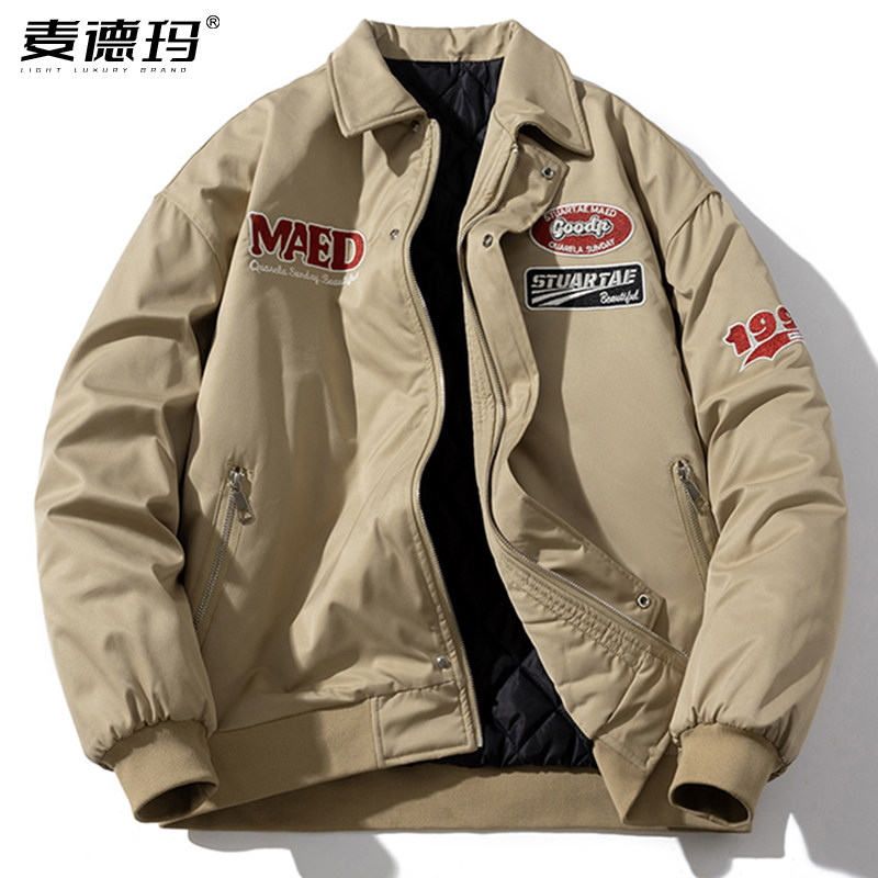 秋冬季美式复古高街飞行员夹克潮牌加厚棒球棉服男女翻领工装外套
