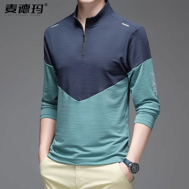 撞色立领男士春秋季体恤时尚潮流套头衫半高拉链长袖上衣新款男装