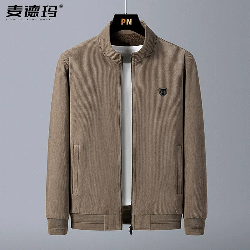 中老年男春秋灯芯绒加绒保暖夹克