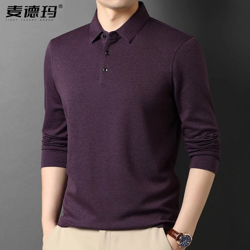 高端男士长袖T恤男装春秋季薄款中老年棉打底衫宽松爸爸装翻领