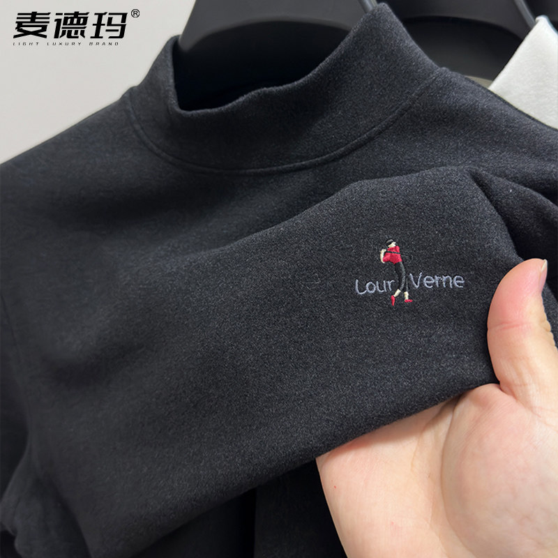 德绒磨毛打底衫男半高领冬季加厚