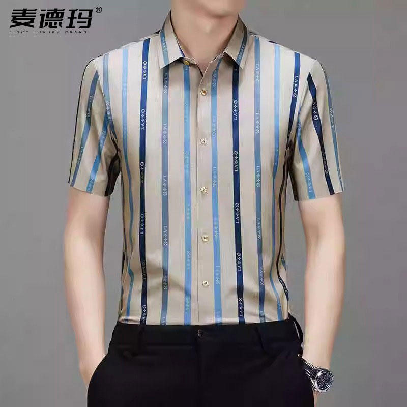 2025夏季条纹短袖衬衫男士高级感