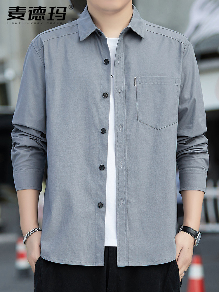 2025年男士衬衫长袖纯棉春秋季爸爸工装衬衣外套中年男装休闲上衣
