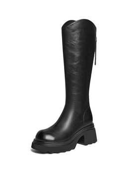 【33码】百思图冬季V口骑士靴加绒粗跟尖头女长靴新款F2181DG5